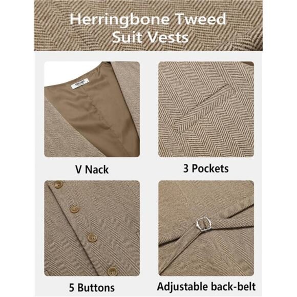 Men's Tweed Suit Vests Slim Fit Waistcoat Khaki - Picture 6 of 6